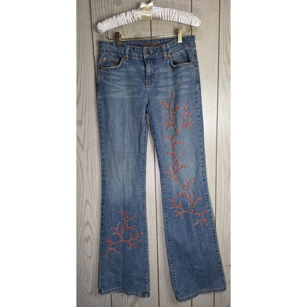 Streets Ahead Flare Jeans Womens 27 Vintage Y2K Boho Floral Studded Magnolia E03